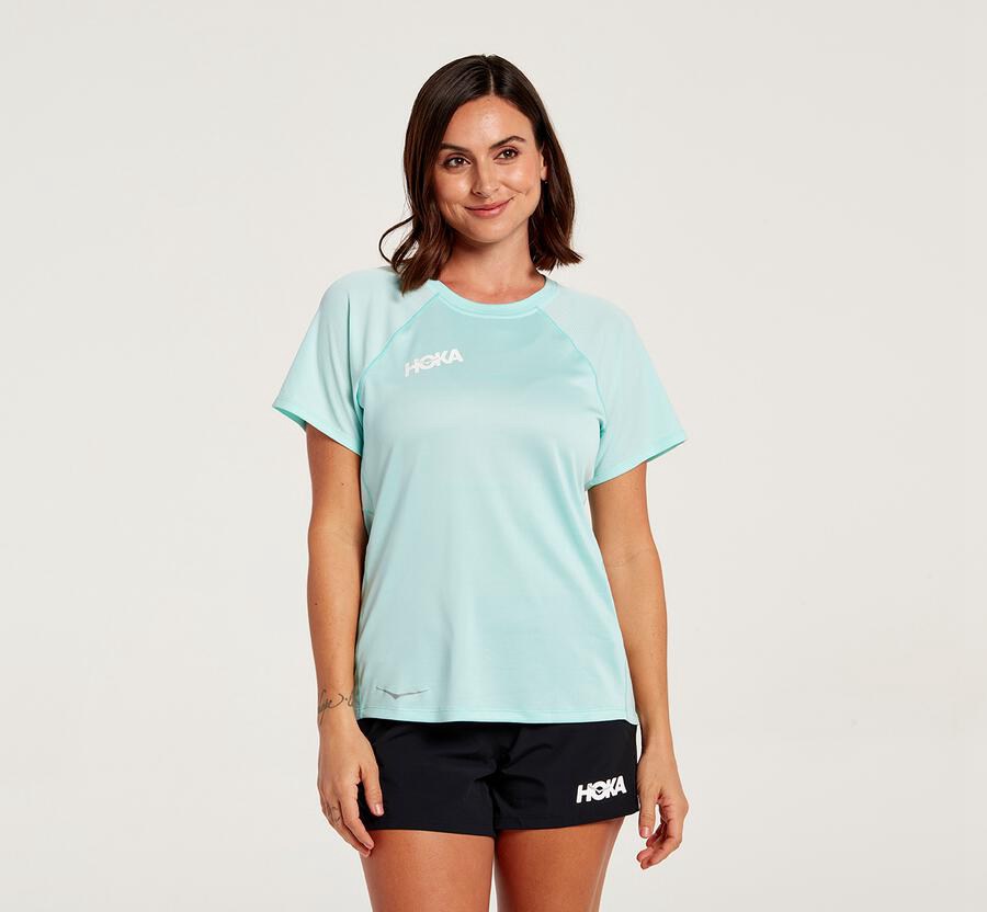 Hoka One One Top Kadın Mavi - Performance Short Sleeve - LF9347821